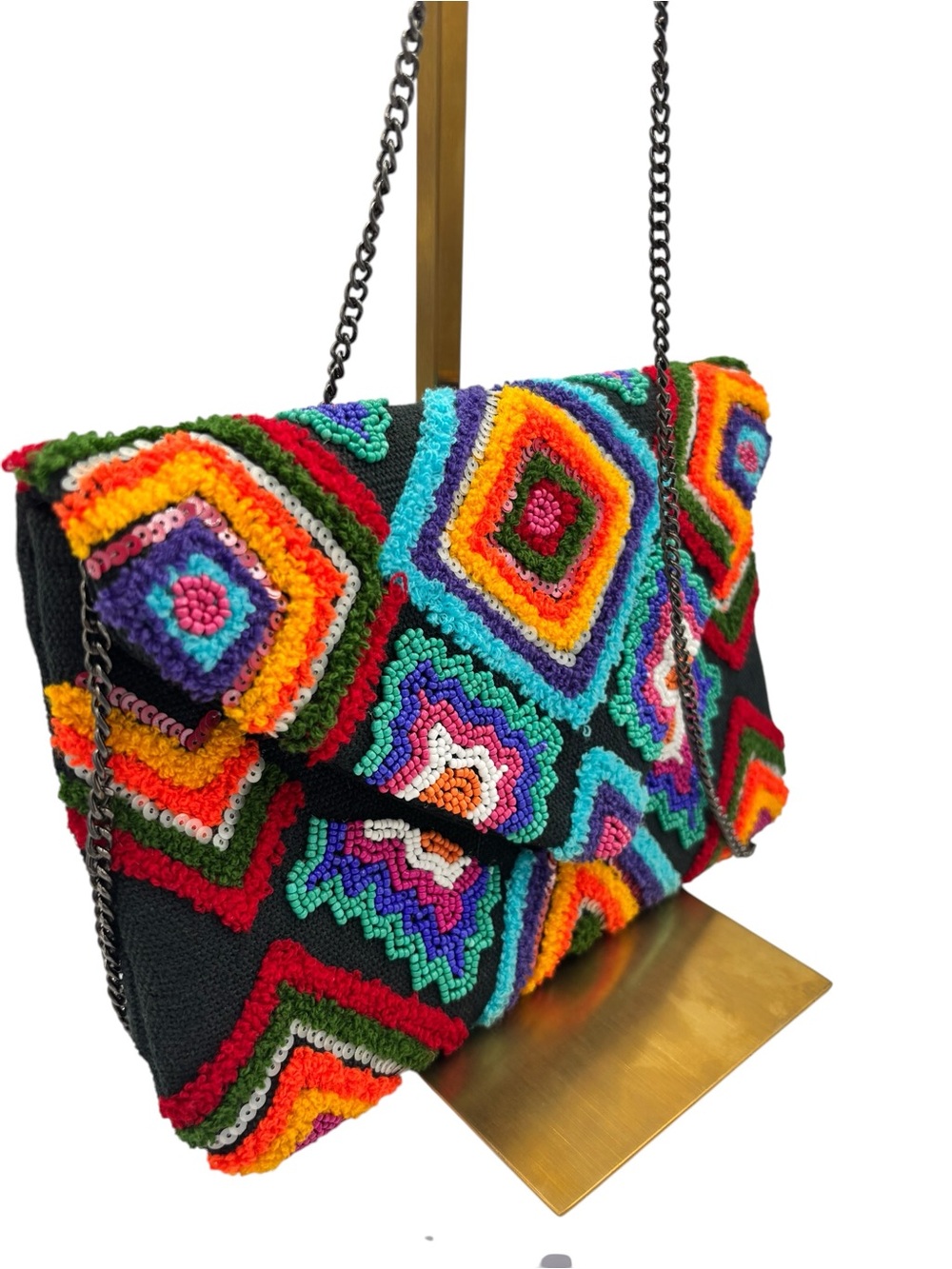Boho Colorful Embroidered Beaded Envelope Crossbody Clutch Chain Bag Fest - Picture 4 of 7